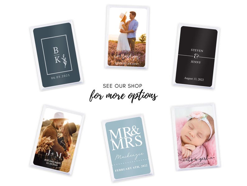 May include: A collection of personalized cards with various designs. One card features initials and a date, another a couple embracing, and others with photos and text. The cards are white-bordered and include the text "SEE OUR SHOP for more options."