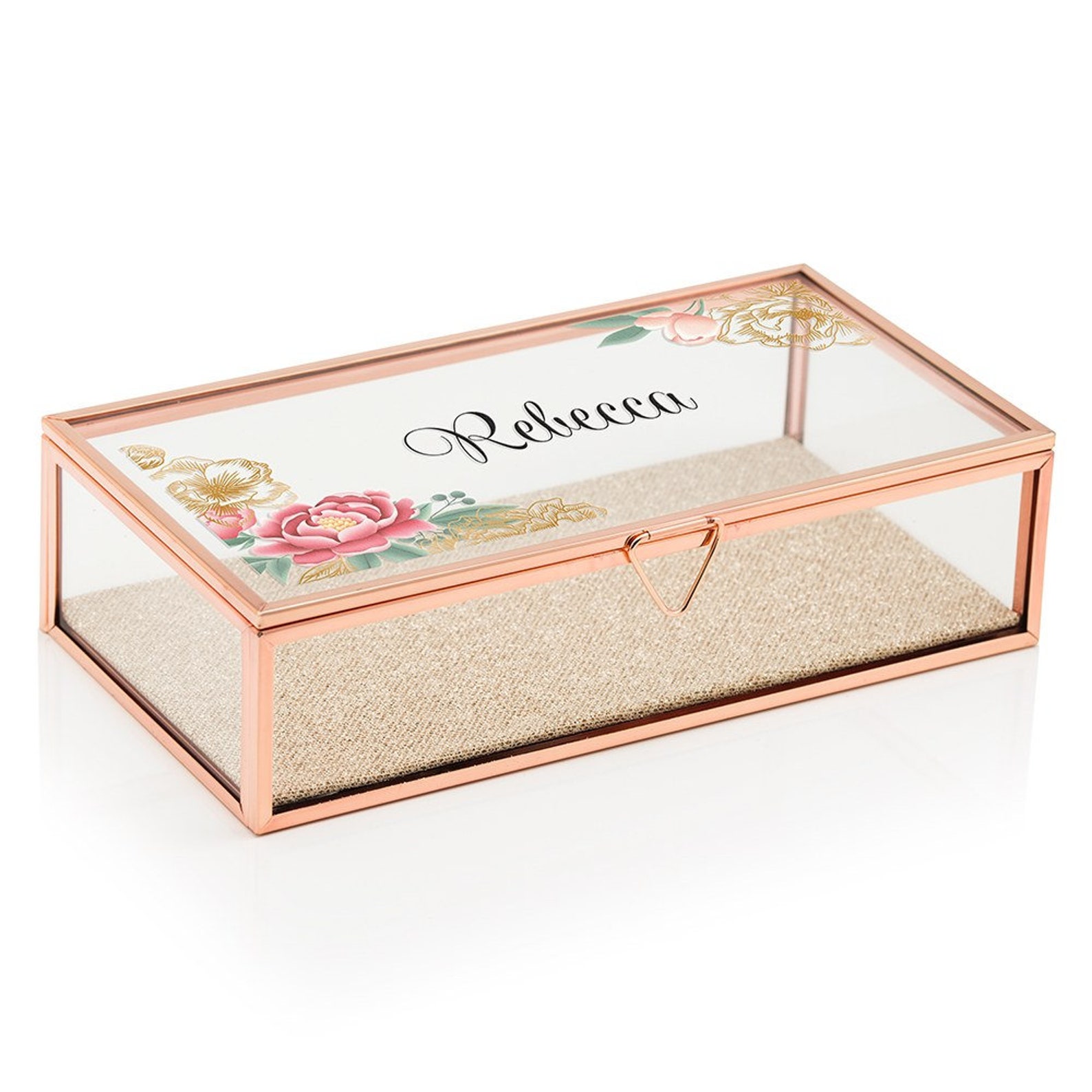 Personalized Glass Jewelry Box Floral Design Rose Gold Etsy
