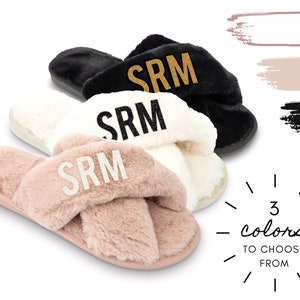 Custom Monogram Slide Slippers - Personalized Fuzzy Slippers - Women's Hard Sole Slippers - Personalized Women's Slipper - Gift for Her
