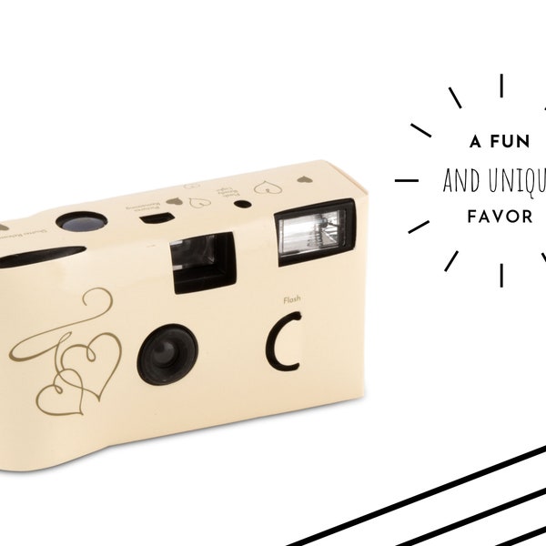 Disposable Camera - Beige and Gold Heart Design - Wedding Favor - Photo Booth Prop - Engagement Party - Single Use Camera Party Favor