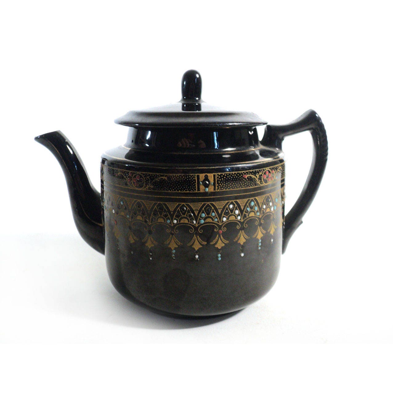 Théière Noire Ancienne en Céramique à Décor Émaillé Orientaliste