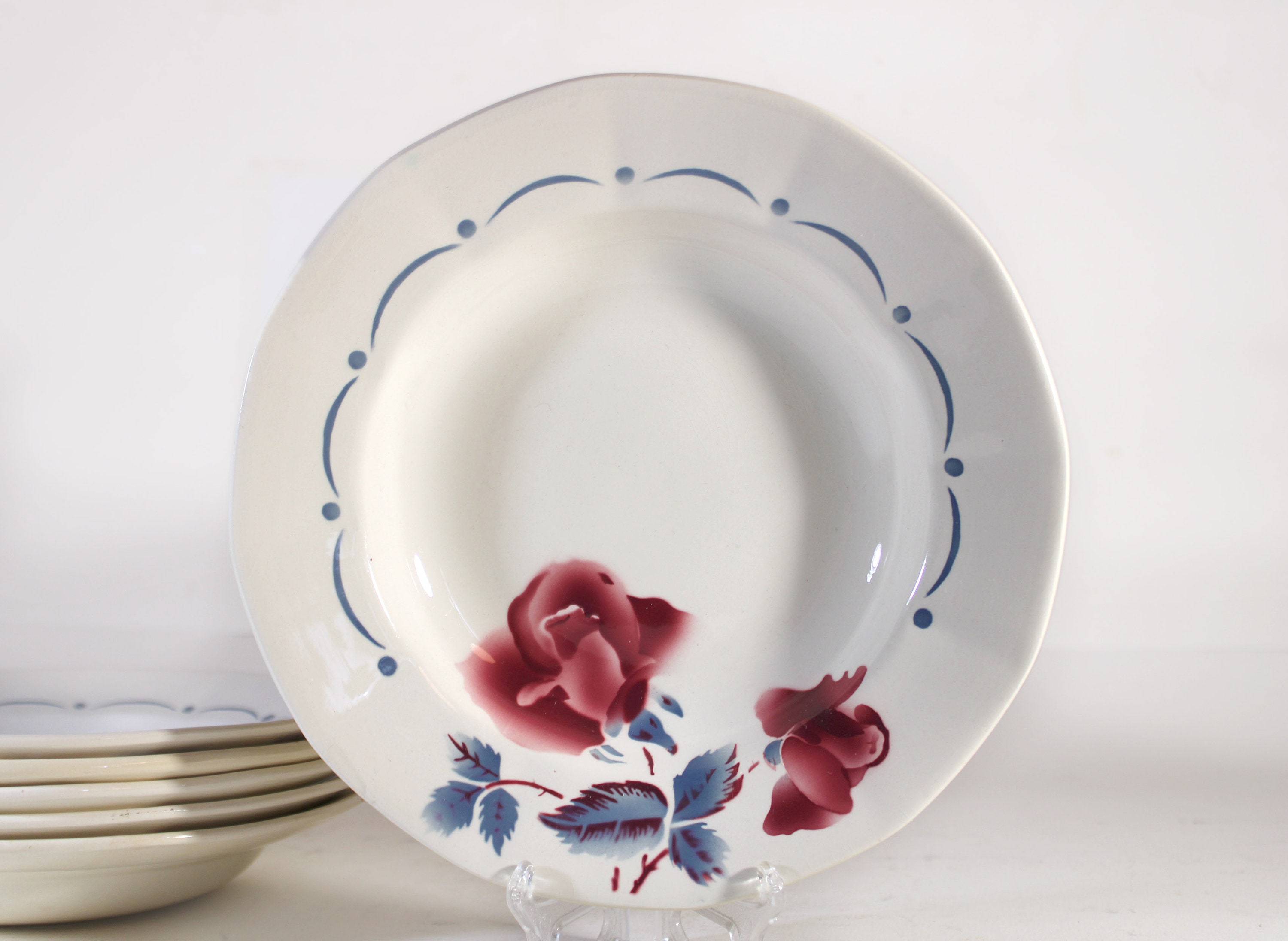 Assiettes Creuses Anciennes en Faïence Digoin Sarreguemines Décor Roses Rouges, Lot de 6 Assiettes A