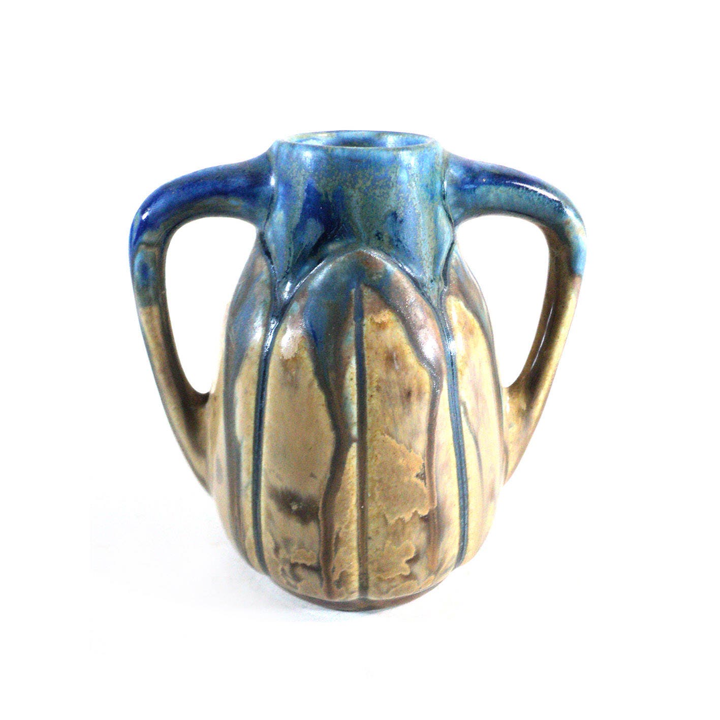 Vase à Anse Vernissé Flammé Fat Lava, Petit Pot en Grès Bleu Beige