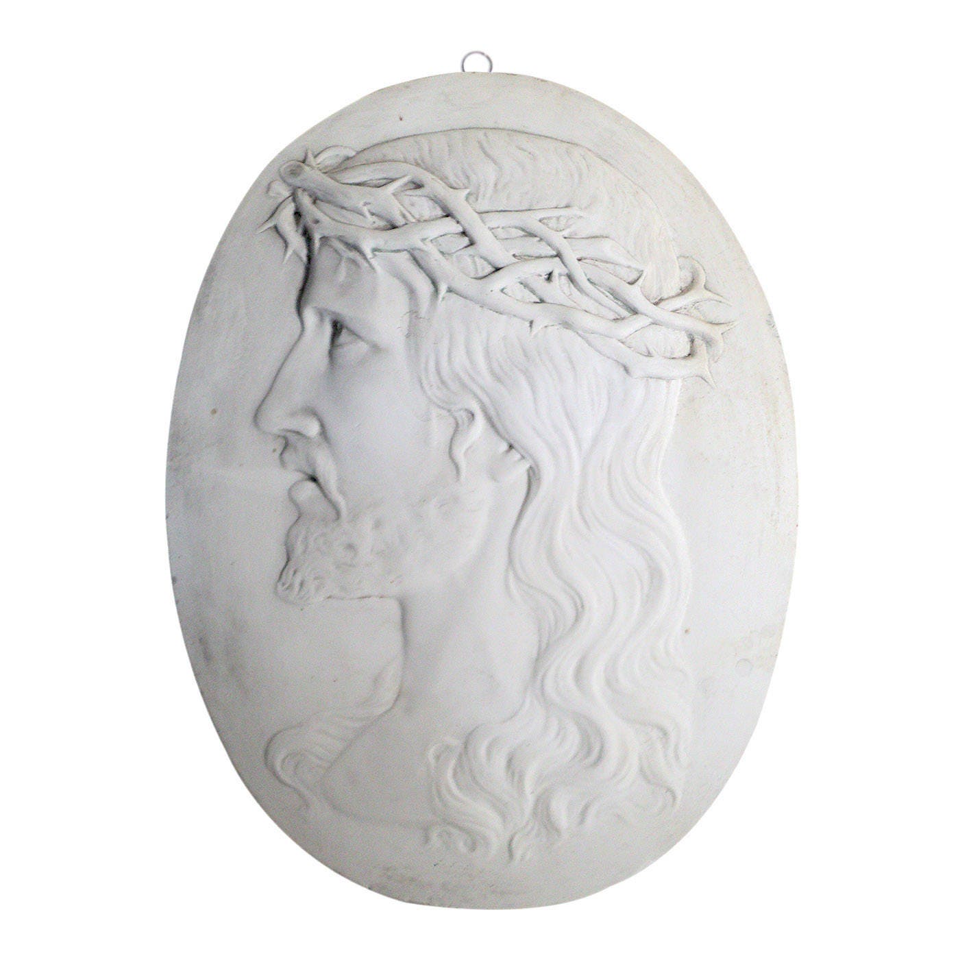 Bas Relief Ancien Jésus Christ en Plâtre, Profil Visage Sculpté