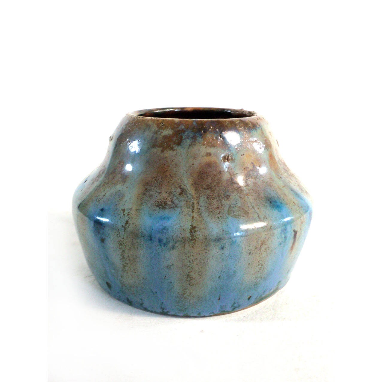 Vase Vernissé Flammé, Poterie Alsace, Petit Pot en Grès Bleu Beige