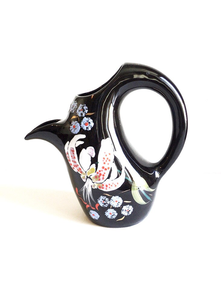 Pichet Ancien Longwy Valenti, Cruche Noire à Décor Floral, Broc en Faïence
