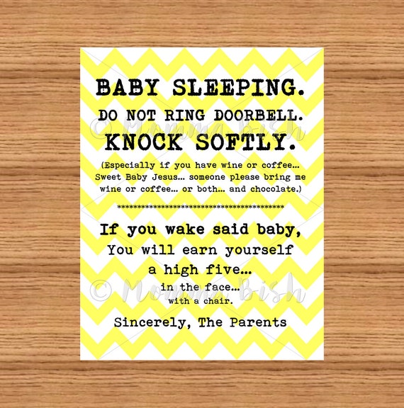 Baby Sleeping Sign Front Door Knock Soft Bring Wine And Image 0