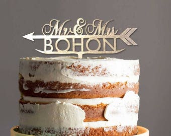 Personalized Mr & Mrs Wooden Cake Topper: Arrow Initial Design