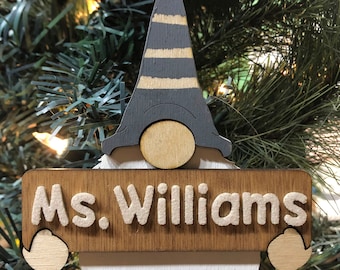 Personalized Gnome Christmas Ornament: Custom Family Name, Birch Wood