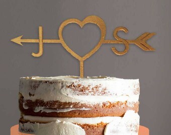 Personalized Wooden Arrow Wedding Cake Topper: Initials & Heart