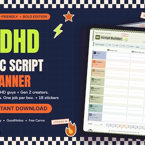 May include: A digital ADHD UGC script planner featuring a dark blue background with a checkered border. The text reads ADHD UGC SCRIPT PLANNER, ADHD-FRIENDLY BOLD EDITION, and INSTANT DOWNLOAD. A script builder template is displayed on the right.