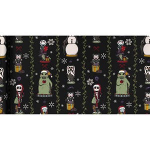 May include: Black wrapping paper featuring a repeating pattern of characters from The Nightmare Before Christmas, including Jack Skellington in a Santa hat, Oogie Boogie, and a snowman, interspersed with white snowflakes and green vines.