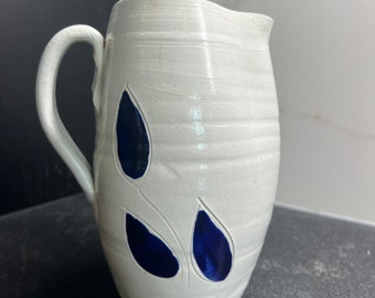 Williamsburg Pottery Carved Cobalt Salt Glaze Pitcher. 6.5x3.5