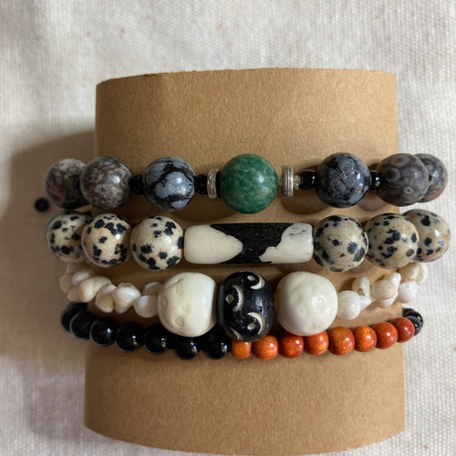 ON HOLD Gemstone 4-Stack Bracelet hot in Black Green and Rust with African Jade, Dalmatian Jasper, Shell, Redwood