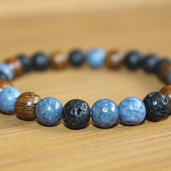 Surf 'N Turf - Blue Sponge Coral, Lava and Wood Stretch Bracelet