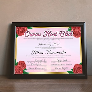 Ouran High School Host Club Inspired Honorary Host Award Certificate for Anime Fans or Funny Gift - Editable Digital Download