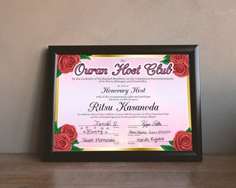 Urkunde für die Ehrenauszeichnung des Ouran Host Club - Anime Geschenk (bearbeitbarer digitaler Download)