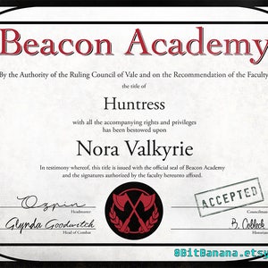 Beacon Academy Certificate of Graduation, Joke Diploma, Fanart Gift, Anime Poster Editable Digital Download