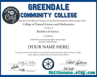 Greendale Community Diploma -You Edit, You Print!- Joke Diploma, Graduation Gift, College Gift, Community TV Show EDITABLE DOWNLOAD