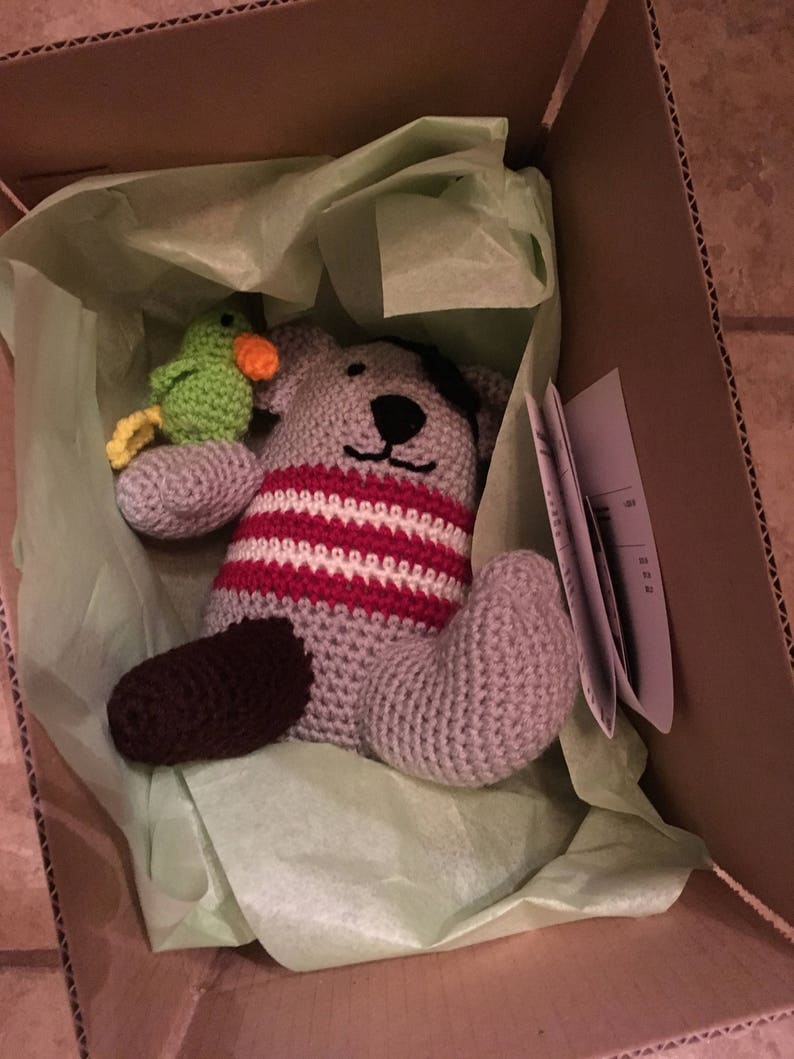 Puede incluir: Un animal de peluche gris de crochet con rayas rojas y blancas y una nariz marr&oacute;n. El animal de peluche est&aacute; sentado en una caja de cart&oacute;n con papel de seda verde. Un peque&ntilde;o loro de crochet verde est&aacute; sentado junto al animal de peluche.