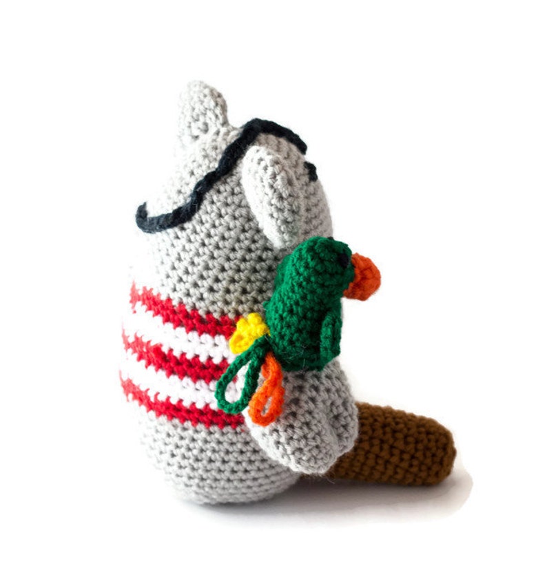 Puede incluir: Un animal de peluche gris tejido a crochet con un parche negro en el ojo y una camisa a rayas rojas y blancas. El animal sostiene un loro verde tejido a crochet con detalles naranjas y amarillos.