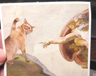 Funny Cat Vinyl Sticker: Creation of Adam Meme, Waterproof Laptop Decal