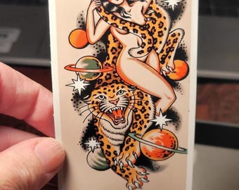 Traditional Tattoo Style Vinyl Sticker: Woman, Leopard, Planets