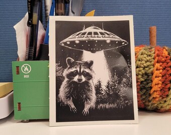 Raccoon and UFO Sticker: Eco-Solvent Permanent Vinyl