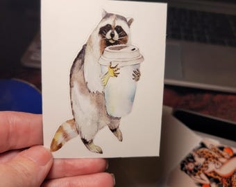 Raccoon Coffee Vinyl Sticker: Waterproof Laptop Decal