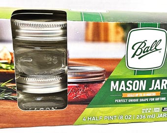 Ball 4 Squatty Half Pint Mason Jars 125 Wide Mouth 1/2 Pint. 8oz. New In Pkg USA