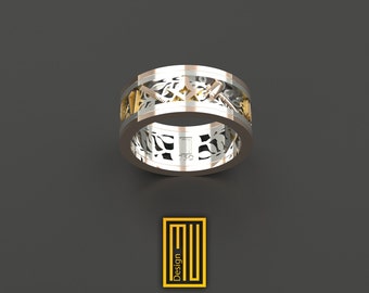 Ring with Masonic Working Tools, 18k White and Rose Gold - Handmade Men's Jewelry