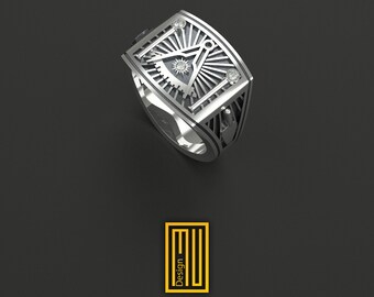 Past Master Ring 925k Sterling Silver with Diamond on Sun - Handmade Men's Jewelry, Masonic Design, Unique Ring