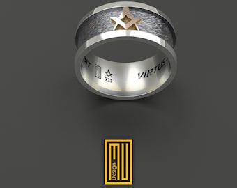 Band Style Masonic Ring with S&C, Hammered Background, 925k Silver and 14k Rose Gold - Handmade Men's Jewelry