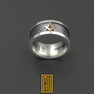 Band Style Masonic Ring with S&C, Hammered Background, 925k Silver and 14k Rose Gold - Handmade Men's Jewelry