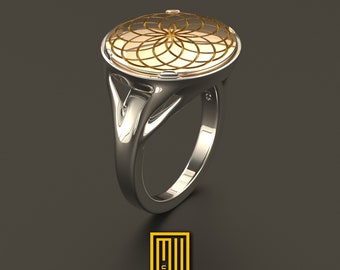 Flower of Life Ring in Signet Style with Solid 14k White and Rose Gold - Masonic Ring, Handmade Unique Esoteric Jewelry