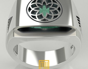 Oriental  Design Ring with Cubic Zirconia Emerald, 925k Sterling Silver - Freemason Signet Ring - Handmade Men's Jewelry