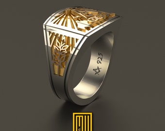 Pierścionek The Odd Fellows z symbolami masońskimi 14-karatowe różowe złoto i srebro - ręcznie robiona biżuteria