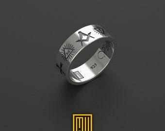 Civil War Ring with Old Masonic Symbols 925k Sterling Silver