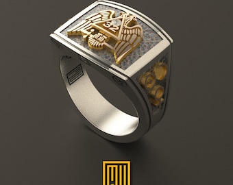 Ring for Scottish Rite 32nd Degree with Golden Eagle Wings Down and Alchimist Symbols