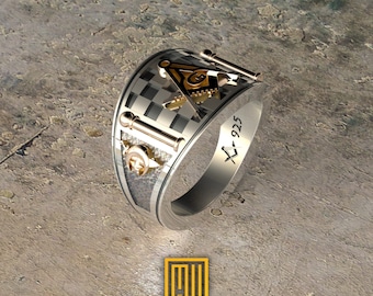 Band style ring with Mystic Shrine Scimitar - Freemason Ring, Handmade Men's Jewelry