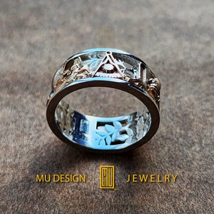 Round Shape Acacia Leaves Ring with Masonic Working Tools, 14k Rose Gold Handmade Men's Jewelry image 4