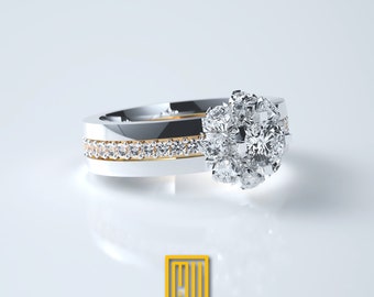 Golden Wedding Ring with 53 Diamonds - Unique Engagement Ring, Promise Ring for Her, Handmade Jewelry (Rose & White Gold)