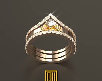 Triple Ring with Square and Compasses  49 Diamonds 14K Gold -  Handmade Women's Jewelry, Unique Golden Masonic Ring