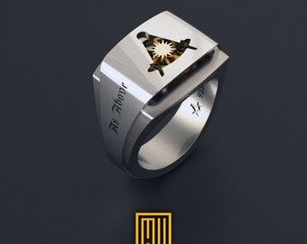 Past Master Ring with Golden Sun - Masonic Ring, Handmade Unique Esoteric Jewelry - Men's Jewelry