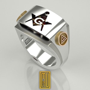 Masonic Ring for York Rite with Special cut Zirconia Ruby, Golden Sword, 925k Sterling Silver - Handmade Men's Jewelry