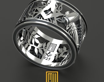 Silver Masonic Ring With Acacia Symbols and All Working Tools - Wedding Band Style Handmade Men's Jewelry