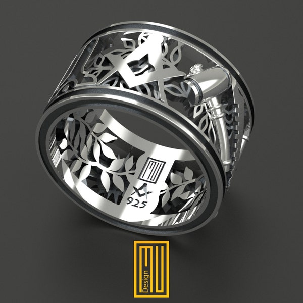 Silver Masonic Ring With Acacia Symbols and All Working Tools - Wedding Band Style Handmade Men's Jewelry