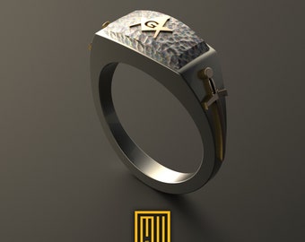 Ring For Knights with Golden Swords, S&C And Rough Ashlar - 925k Sterling Silver Freemason Man' s Ring