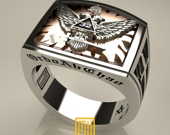 AASR 32nd Degree Ring with Diamond - Handmade Men's Jewelry, Masonic Design, Personalized Gift