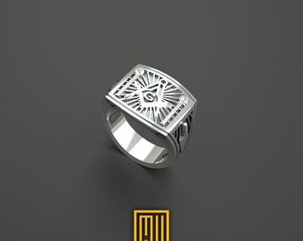 Masonic Ring 925k Sterling Silver with Diamonds - Handmade Men's Jewelry, Masonic Design, Aesthetic and Mystic Gift